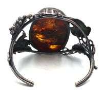 Vintage 925 sterling silver amber wide cuff bangle