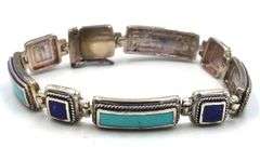 Vintage 925 sterling silver signed lapis and turquoise link bracelet