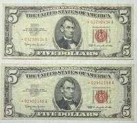 2 1963 Series Star $5 Red Seal US Notes