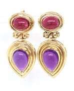14kt Yellow gold Garnet and Amethyst cab dangle earrings