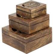 Set of 3 Handmade Wooden Boxes with Tree Carvings