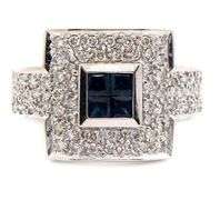 14kt White gold princess cut sapphire and pave diamond ring
