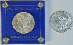 1878-S in custom holder and 1897-S Morgan Silver Dollars in BU