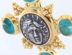 18kt Yellow gold Elizabeth Gage Ancient Coin and Aquamarine Cabochon Brooch