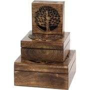 Set of 3 Handmade Wooden Boxes with Tree Carvings