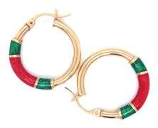 14kt Yellow gold red and green Enamel hoop earrings