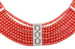 18kt White gold 0.25ctw Diamond Coral Multi Strand Collar Necklace