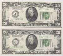 2 $20 Unc 1928 B Fed Reserve Notes