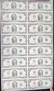 2013 Two Dollar Bill Uncut Currency Sheet, 16 Notes