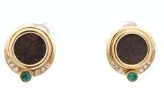 18kt Yellow gold 0.15ctw Diamond and Emerald Cabochon Ancient Coin Earrings