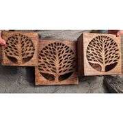 Set of 3 Handmade Wooden Boxes with Tree Carvings