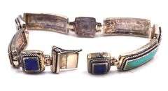 Vintage 925 sterling silver signed lapis and turquoise link bracelet