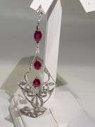 Opulent 18K White and Yellow Gold Chandelier Earrings with 4 Natural Rubies and 1.18 ct Diamond Acce