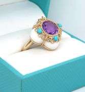 14kt Yellow gold white agate, amethyst and turquoise ring