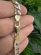 Gold Plated Sterling Silver 925 Pave 2-Tone 7.6mm Curb Chain Link Italy Bracelet 8" inch