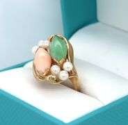 14kt Yellow gold Coral, Jade and pearl ring