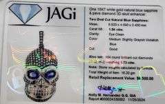 Unique 18K White Gold 3D Skull Enhancer Pendant with Natural Blue Sapphire and Pave Diamonds