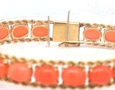 14kt Yellow gold oval coral link bracelet with rope trim