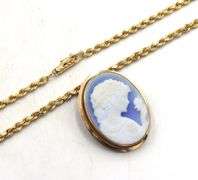 14kt Yellow gold Cameo brooch pendant on rope chain necklace