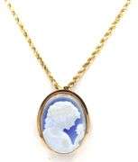 14kt Yellow gold Cameo brooch pendant on rope chain necklace