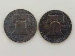 1950 D & 1954 D Toned Silver Franklin Half Dollars