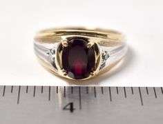 Marvelous 10K Yellow and White Gold Diamond and Red Garnet Gemstone Ring