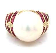 14kt Yellow gold South Sea pearl and ruby and diamond ring