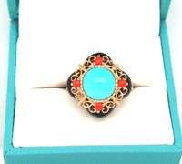14kt Yellow gold black onyx, Turquoise and coral cocktail ring
