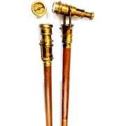 Wooden Walking Stick with Hidden Brass Telescope and Compass Handle