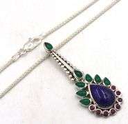 Set of 925 sterling silver multi color gemstone pendant on chain with matching earrings