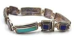 Vintage 925 sterling silver signed lapis and turquoise link bracelet