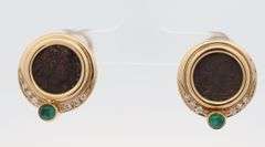 18kt Yellow gold 0.15ctw Diamond and Emerald Cabochon Ancient Coin Earrings