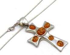 Vintage 925 sterling silver amber cross pendant on Italian chain necklace