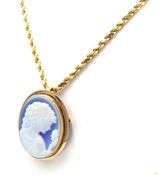 14kt Yellow gold Cameo brooch pendant on rope chain necklace