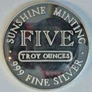 Superb Prooflike 5 Troy Oz Sunshine Mint pure Silver round