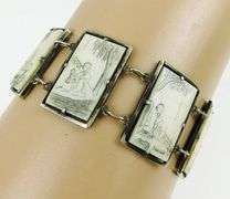 Early Asian Bone Scrimshaw Panel Link Bracelet
