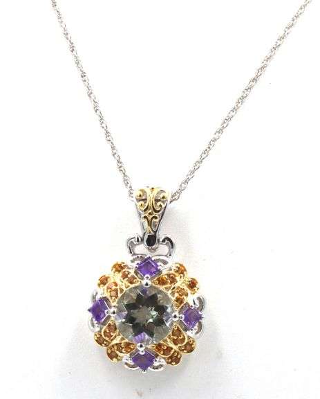 925 Sterling silver signed multi color stone pendant on chain
