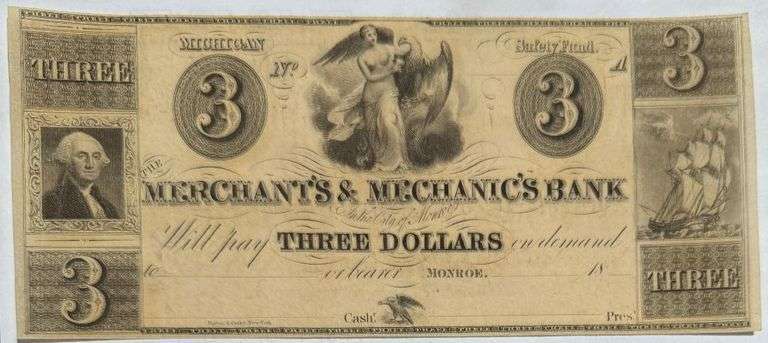 $3 Merchants and Mechanics Bank of Michigan Note