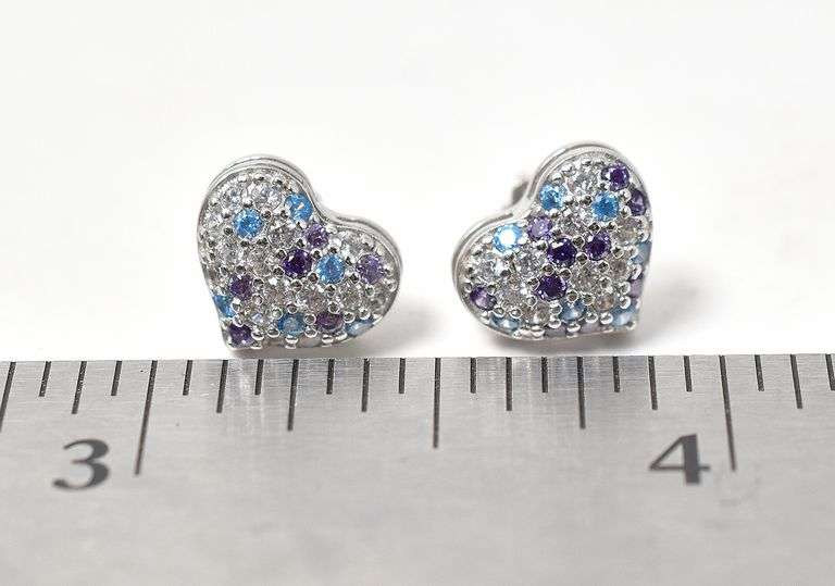 CZ Gemstone Heart Stud Earrings in Sterling Silver