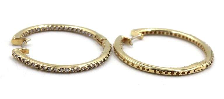 14kt  Yellow gold 1.38ctw diamond in out hoop earrings