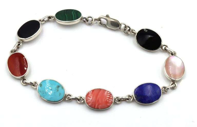 925 Sterling silver signed multi color gemstone link bracelet
