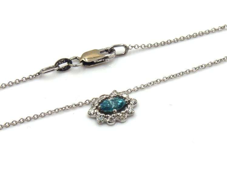 14kt White gold IR Teal and diamond necklace