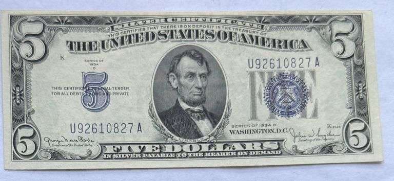1934 D CH CU $5 Silver Certificate