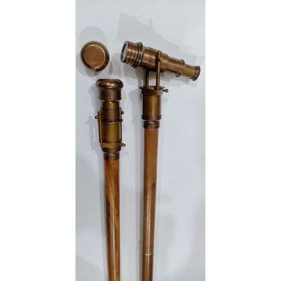 Wooden Walking Stick with Hidden Brass Telescope