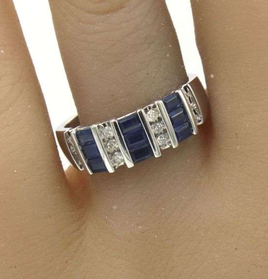 14kt White gold baguette blue sapphire and diamond wide band