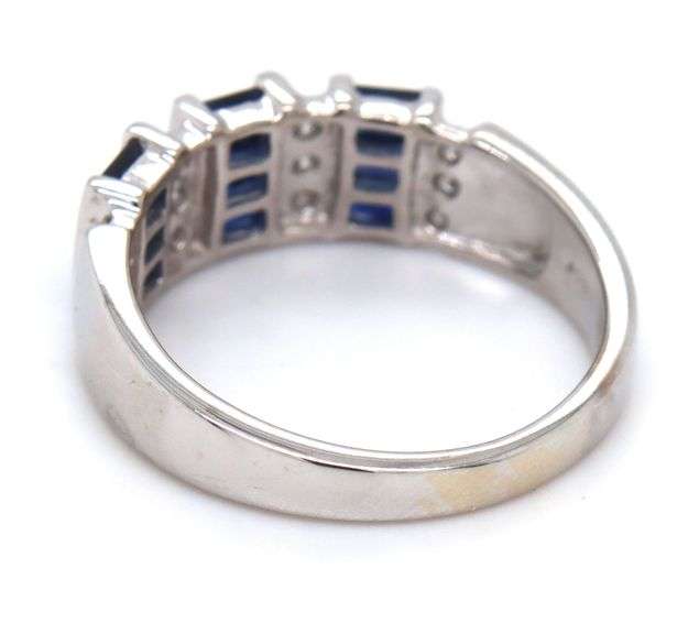 14kt White gold baguette blue sapphire and diamond wide band