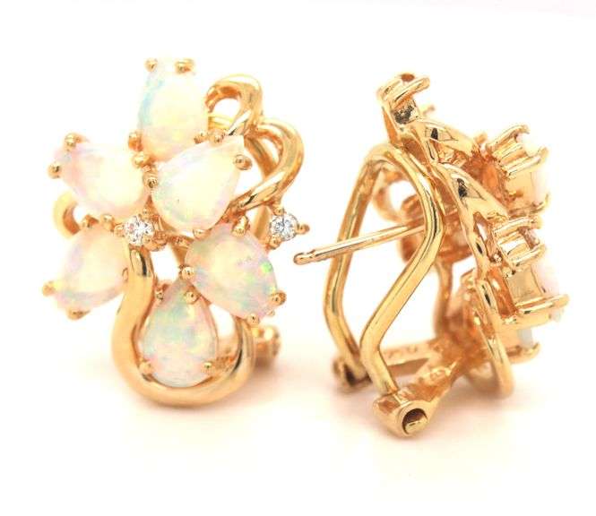 18kt Yellow gold opal cluster and diamond accent pendant on chain and matching earrings