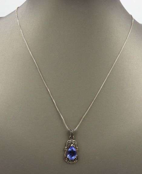 Vintage 925 sterling silver blue stone and marcasite pendant on box chain necklace