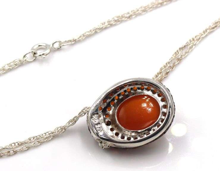 925 Sterling silver signed orange Jade pendant on double chain necklace