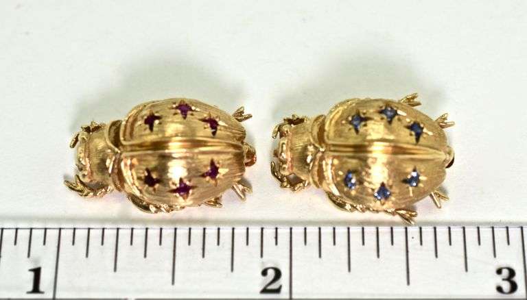 Two Well-Sculpted 14K Yellow Gold Beetle Brooches